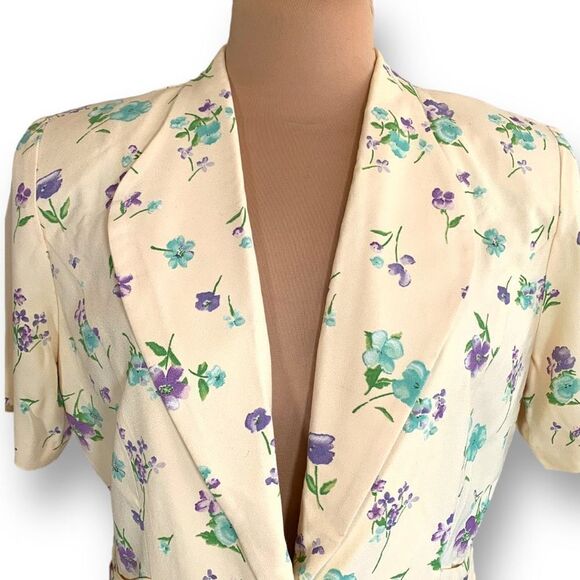 Vintage Blazer Pastel Butter Yellow Floral Detail Short Sleeve Structured Jacket - Picture 4 of 12
